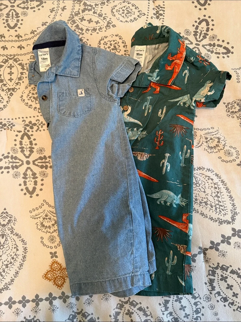 Carter's Denim Print Romper & Teal Dino-Print Short Romper